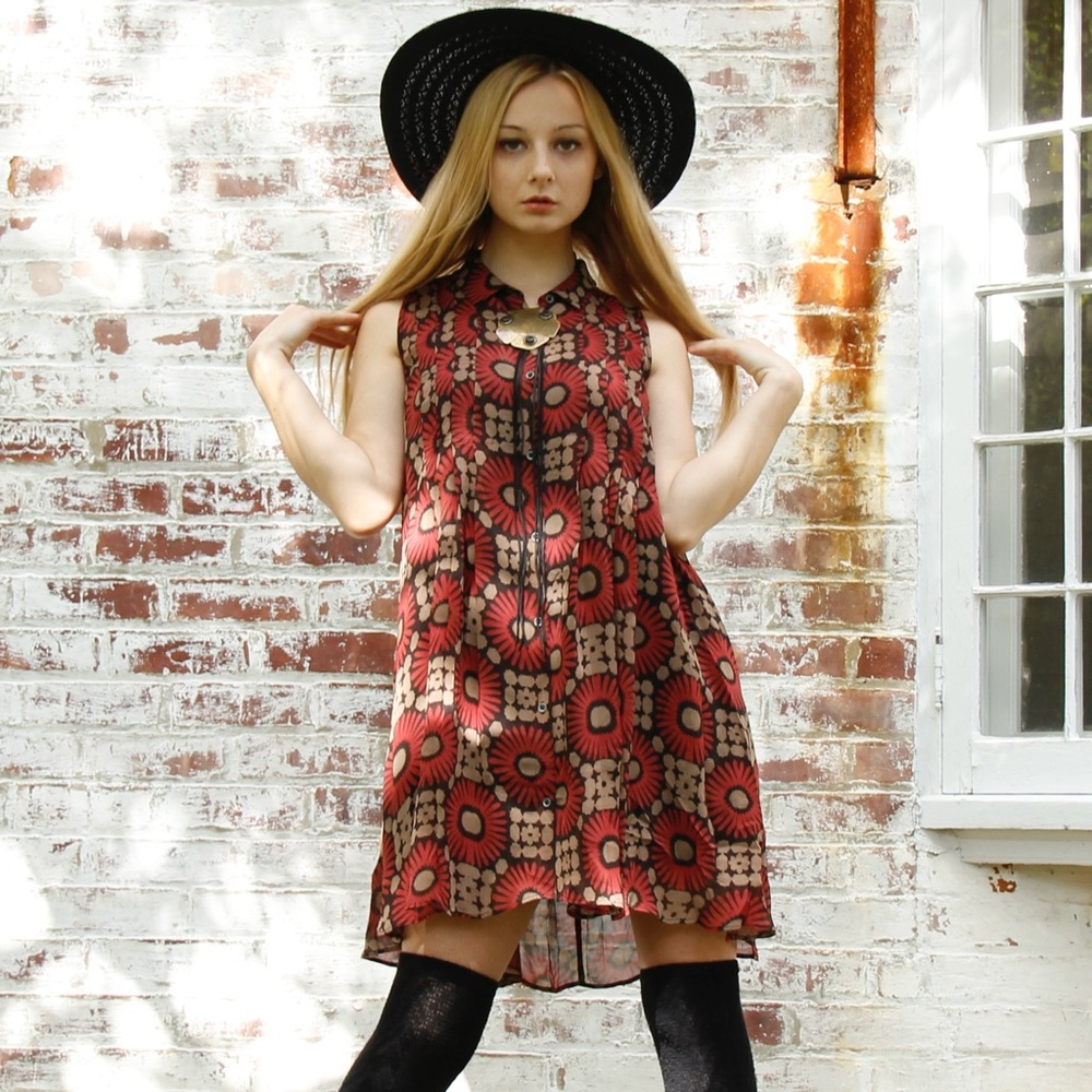 Free People Retro Print Collared Slip Dress Size Small